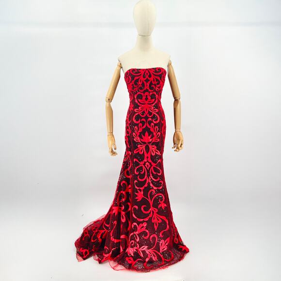 Vintage Y2K Envi Red Black Floral Applique Sequin Mermaid Gown - Picture 1 of 9